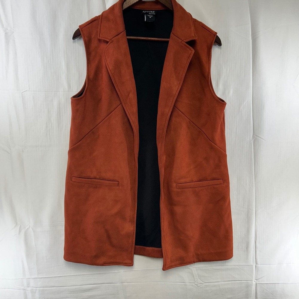 Attyre New York Vest Womens Medium Rust Orange Faux Suede Open Front Longline